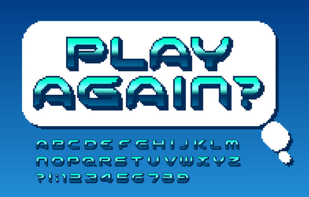 Play Again alphabet font. Pixel letters and numbers in 80s video game style. Stock vector typeface. - Vektor, obrázek