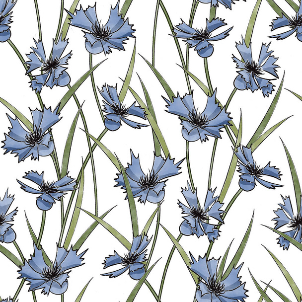 Cute watercolor pattern for fabric, paper.Seamless pattern. Botanical Illustration of cartoony wildflowers. Summer background, grass and cornflowers. - Photo, image