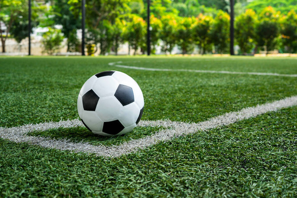 voetbal Voetbal op hoek kick lijn van bal en een voetbalveld, voetbalveld, achtergrond textuur - Foto, afbeelding