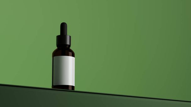 Szerves, gyógynövény, természetes barna üveg kozmetikai üveg zöld háttérrel, másolás hely szöveg és üres címke, 3D-s renderelés, 3D illusztráció - Fotó, kép