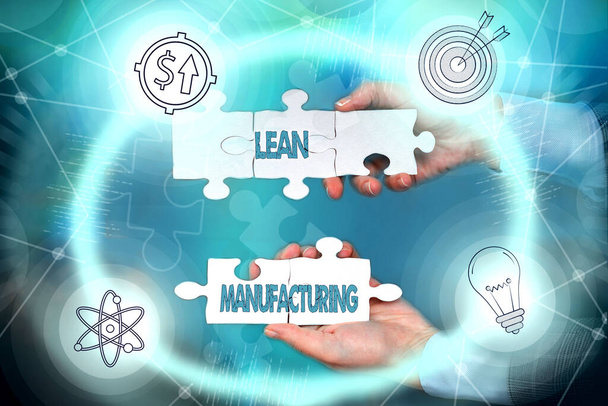 Sign displaying Lean Manufacturing. Word for focus on minimizing waste within manufacturing systems Hand Holding Jigsaw Puzzle Piece Unlocking New Futuristic Technologies. - Photo, Image