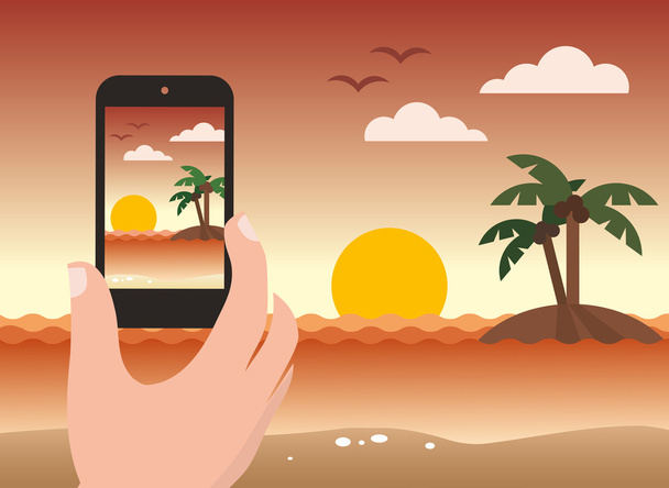 Taking photo of a beach during sunset - Vector, Image