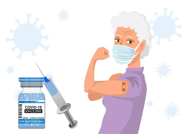 old woman Showing the coronavirus vaccination arm, distributing the vaccine for the general population. flat style cartoon illustration vector - Vector, Image
