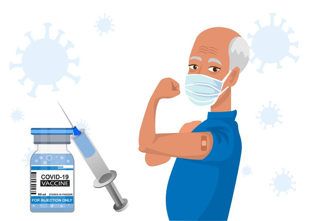 starý muž Ukazující koronavirovou vakcinační větvi, distribuující vakcínu pro běžnou populaci. kreslený vektor kresleného filmu - plochý styl - Vektor, obrázek