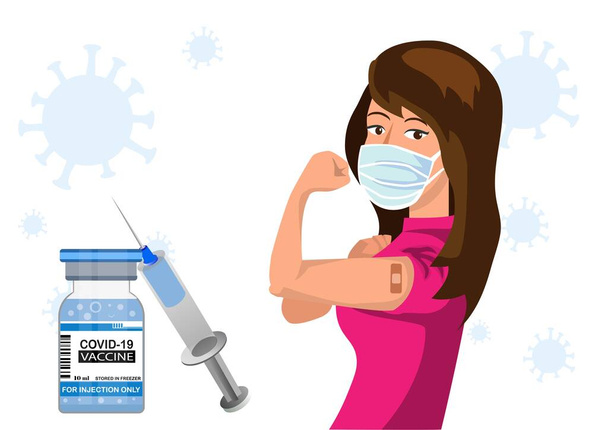 Woman showing coronavirus immunization vaccination arm, vaccine distribution for the general population. Flat style cartoon illustration vector - Vector, Image