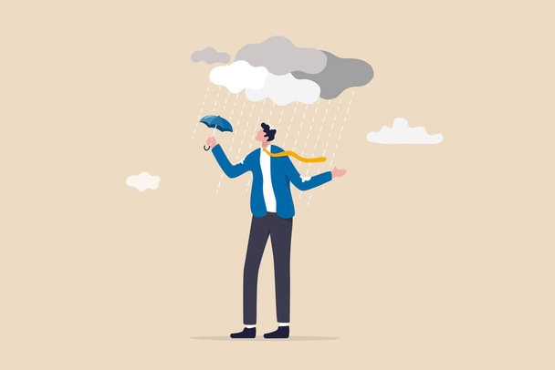 Wrong decision or business mistake causing failure, risk management or unlucky problem and trouble concept, soaked misfortune businessman with too small umbrella protection in strong raining storm. - Vector, afbeelding