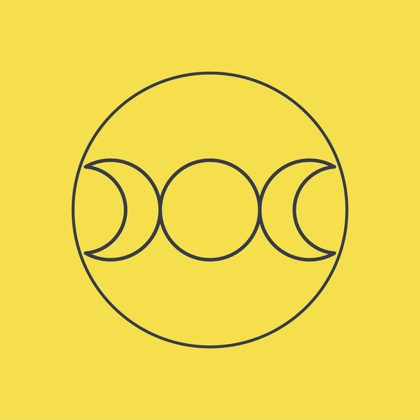 Triple moon sign icon. The symbol of witchcraft and magic. The concept of the Triple Goddess: maiden, mother and old woman. Vector illustration on a yellow background with dark blue lines - Wektor, obraz