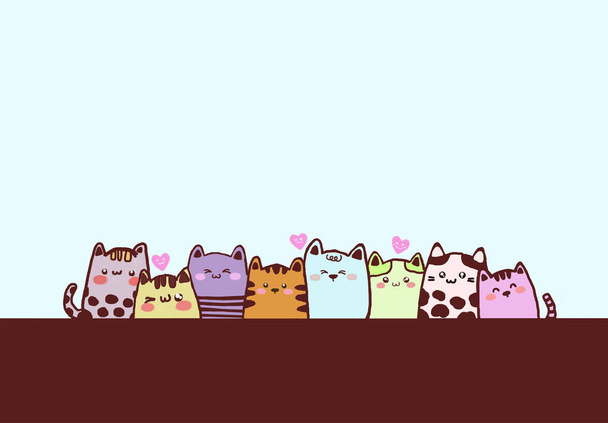 Kreslení kočka kočička karikatura roztomilá postava s pastelovou barvou na hnědé zdi může použít jako tapetu iPad. Rozkošné kotě sedět v řadě spolu s multi-barevné a izolované v modrém pozadí. - Fotografie, Obrázek