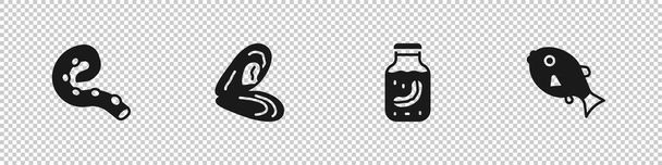 Conjunto de pulpo de tentáculo, mejillón, pepino de mar en frasco y el icono de los peces tropicales. Vector - Vector, imagen