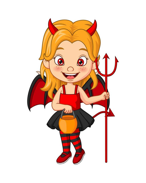 Illustrazione vettoriale della bambina dei cartoni animati che indossa il costume del diavolo di Halloween con forcone - Vettoriali, immagini