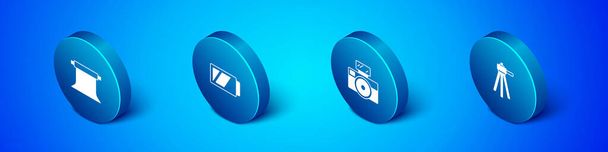Isometrische lege fotostudio, fotocamera met flitser, statief en batterij voor icoon. Vector - Vector, afbeelding