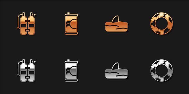 Set Aqualung, Soda can, Shark fin in ocean wave and Rubber swimming ring icon. Vector - Vetor, Imagem