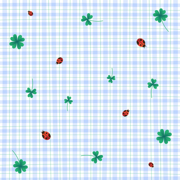 Den svatého Patricka Clover Leaf Lady Bug Blue Gingham vzor pozadí upravitelné mrtvice. Vektorové ilustrační ubrusy, pikniková rohožka, látkový vzor, textil. - Vektor, obrázek