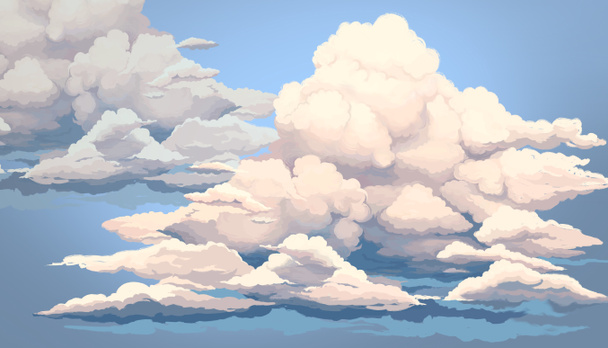 Яскраві барвисті шпалери неба. Блакитне небо ілюстрація. Ілюстрація хмар на синьому фоні. Прекрасно намальоване небо. Намальована книжкова ілюстрація, листівка, листівка, шпалери, фреска. Дитяче мистецтво
 - Фото, зображення