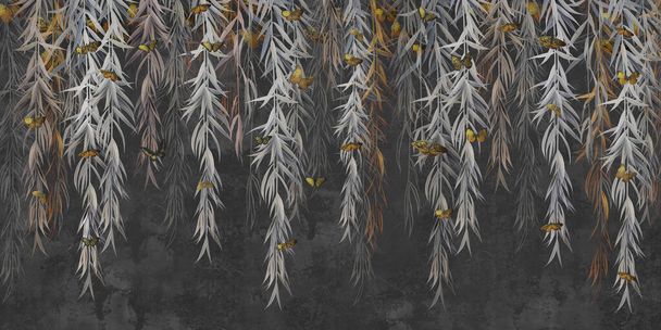 Photo wallpaper, wallpaper, mural design in the loft, classic, modern style. Willow branches with gold butterflies on a dark concrete grunge wall. Great choice for wallpaper, photo wallpaper, mural, card, postcard. - Foto, imagen