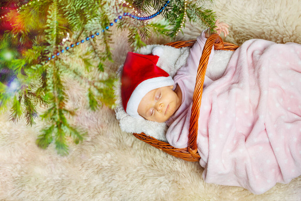 Close photo of little baby girl sleep in the basket under decorated Christmas tree - Fotó, kép