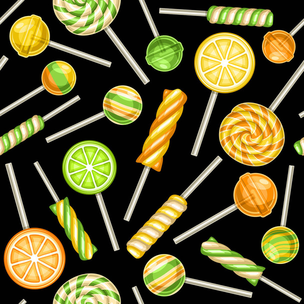 Patrón inconsútil de lollipop vectorial, fondo de piruletas de frutas repetidas cuadradas para textiles para niños, póster con ilustraciones recortadas de varios caramelos afrutados coloridos en palos sobre fondo negro. - Vector, Imagen