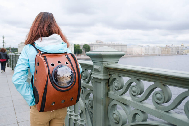 Woman transports her cat down the street in a backpack with a porthole. - Photo, image