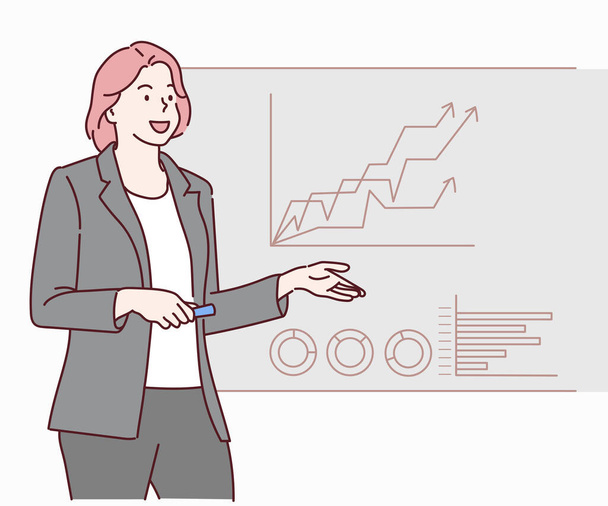 Confident business woman uses interactive screen makes report to a group of meeting, she shows statistics, growth and analysis. Hand drawn in thin line style, vector illustrations. - Vetor, Imagem