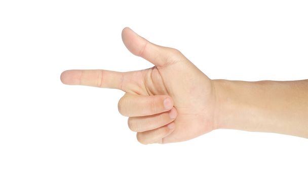 Finger-pointing gesture. Men's right hand and symbol. Isolated on white background with clipping path. - Фото, изображение