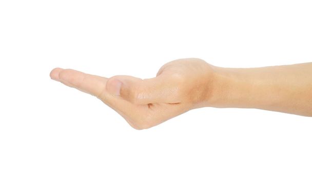 Рука жести і символи для прийому або прохання речей або тримання з лівою рукою чоловіка. ізольовані на білому тлі. з відсічним контуром
. - Фото, зображення