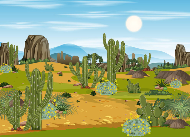 Paisagem da floresta do deserto em cena diurna com muitos cactos ilustração - Vetor, Imagem