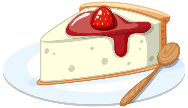 Un pezzo di torta di formaggio alla fragola su un piatto con un cucchiaio illustrazione isolata - Vettoriali, immagini