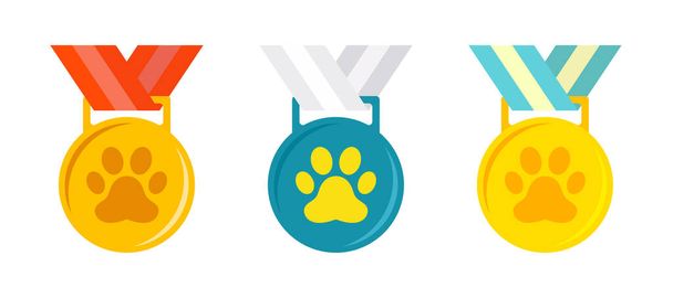 Animal paw icons set. Flat design. Award symbol icons set. Medal concept for the winner of a pet show. Vector illustration. - Photo, Image