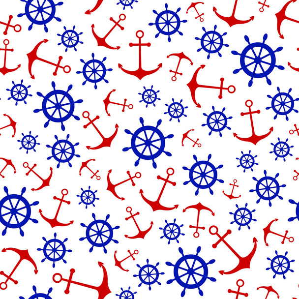 Seamless nautical pattern with scattered red anchors and blue sh - Vector, Image