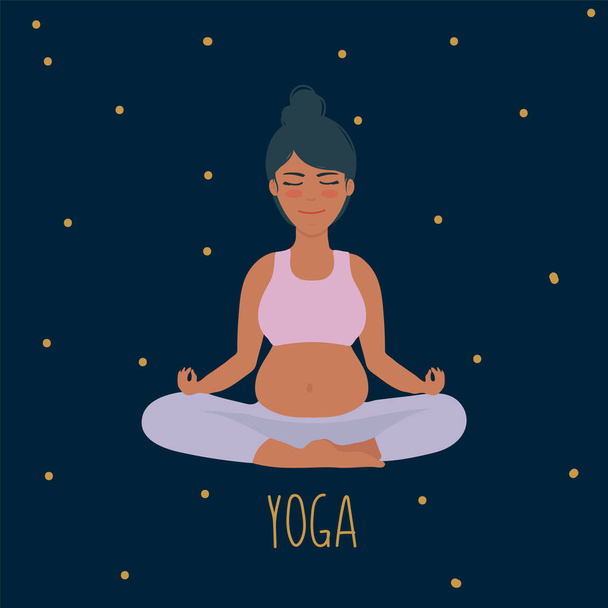 Postcard Yoga woman pregnant. A beautiful poster for a Yoga studio. - ベクター画像