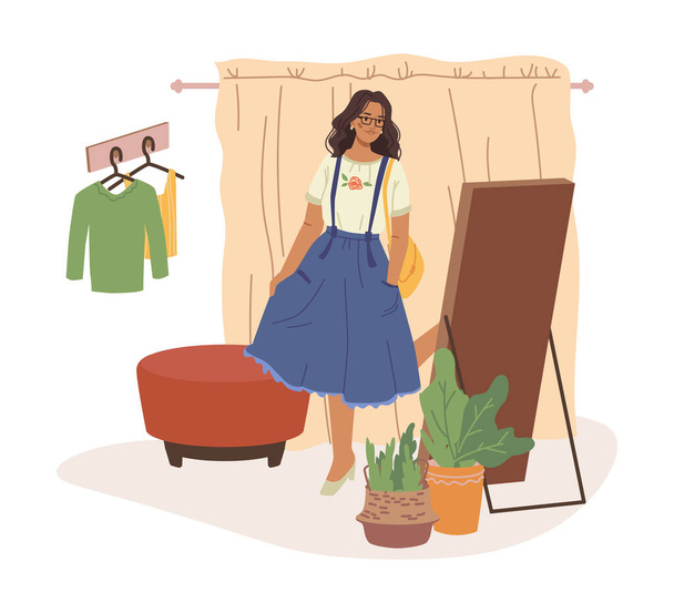 Woman in fitting room trying on skirt at mirror - Vector, Image
