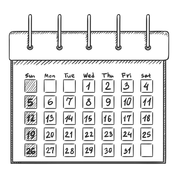Skizzieren Sie Kalender mit Daten und Wochentagen. Vektor Hand gezeichnete Illustration - Vektor, Bild