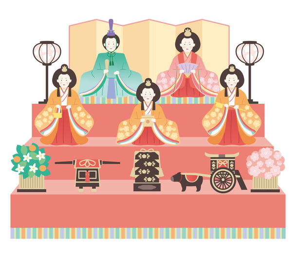 Hina Matsuri (Festival de Muñecas) Ilustración de decoraciones simples y lindas de hina de tres niveles - Vector, imagen