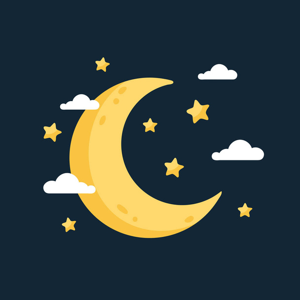 Luna con estrellas y nubes sobre fondo oscuro. Ilustración vectorial - Vector, Imagen