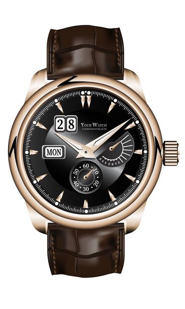Relógio de ouro realista relógio cronógrafo marrom pulseira de couro rosto preto no design branco clássico ilustração vetor de luxo. - Vetor, Imagem