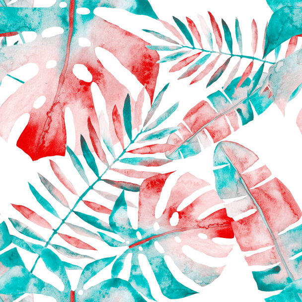 Υδατογραφία αδιάλειπτη μοτίβο με πολύχρωμα αφηρημένα τροπικά φύλλα. Λαμπερό καλοκαιρινό σχέδιο με εξωτικά φυτά. Δημιουργικός μοντέρνος βοτανικός σχεδιασμός υφασμάτων. - Φωτογραφία, εικόνα