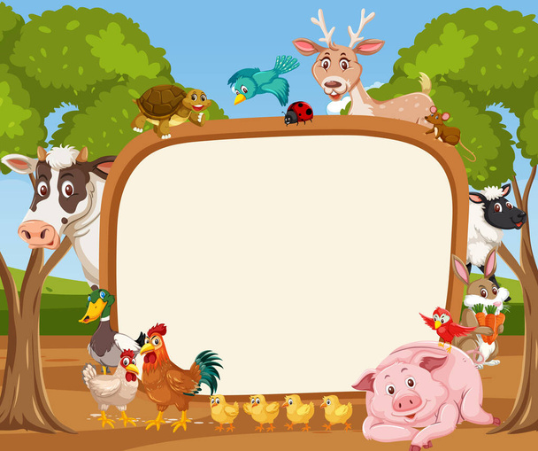 Пустой баннер с различными дикими животными в лесной иллюстрации - Вектор,изображение