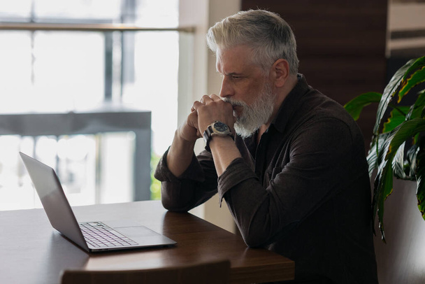 an incredibly beautiful and stylish gray-haired man of fifty years old working with a laptop - Fotó, kép