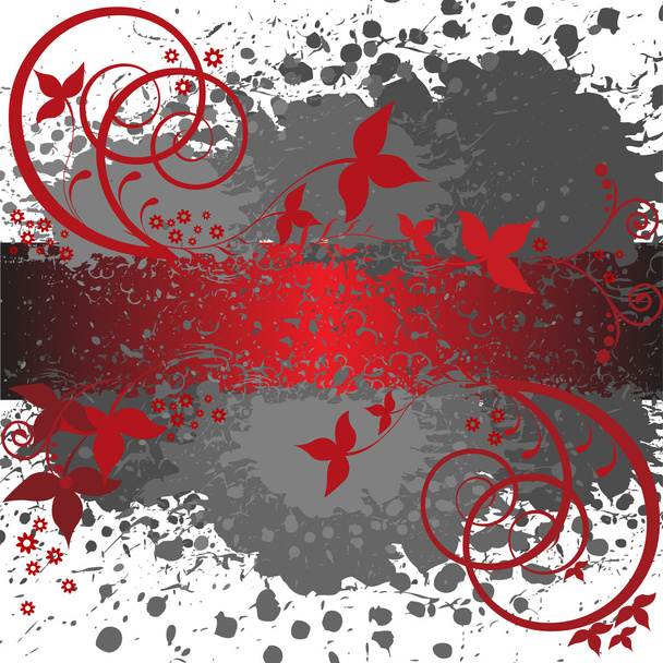 Abstract spattered gray background with red floral elements - Vector, Image