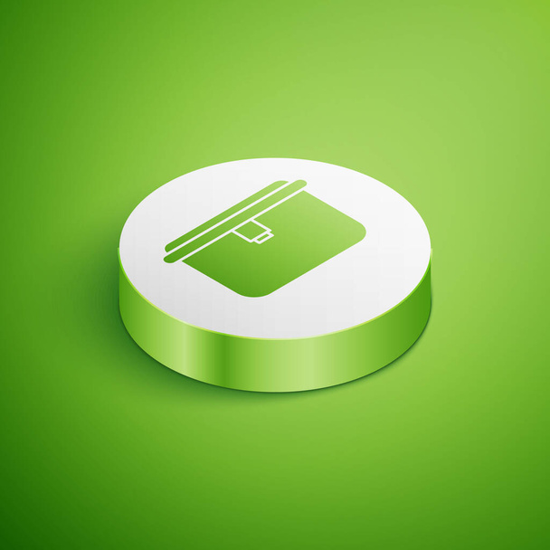 Isometrische pictogram van de lunchbox geïsoleerd op groene achtergrond. Witte cirkel knop. Vector Illustratie - Vector, afbeelding
