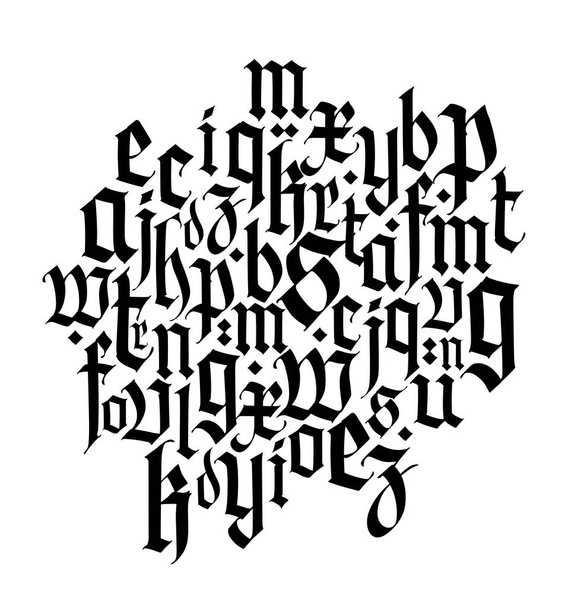 Font composition, medieval gothic. Vector. European modern gothic. Black letters on a white background. Lower case. Ornament for packaging and clothing. - Vector, Image