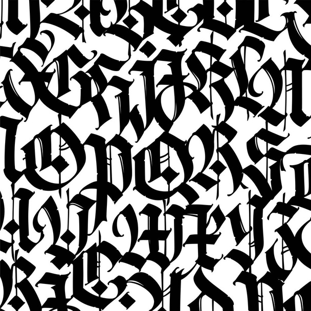 Font pattern, medieval gothic. Vector. European modern gothic. Black letters on a white background. All letters are handwritten with a pen. Capital letters. Ornament for packaging and clothing. - Vektor, obrázek