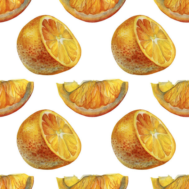 Varrat nélküli minta akvarell citrusfélék narancs szelet fehér háttér. Kézzel rajzolt nyári étel tárgy menü, matrica, csomagolás, kártya, tapéta, ünneplés - Fotó, kép