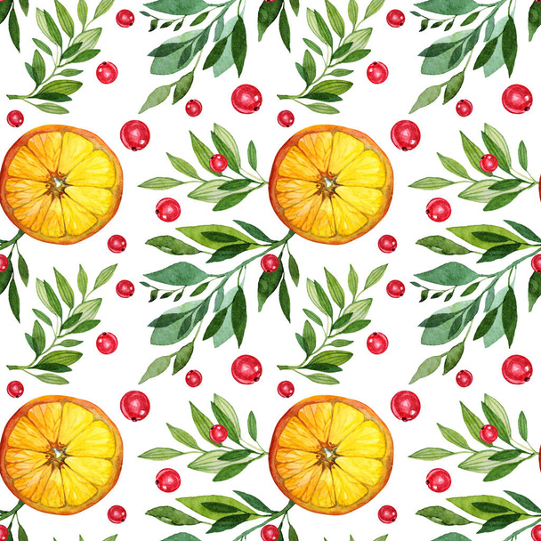 Seamless pattern watercolor citrus fruit orange slice, green leaves, red berries cranberry isolated on white background. Hand-drawn food object for menu, sticker, wrapping, wallpaper - Fotografie, Obrázek