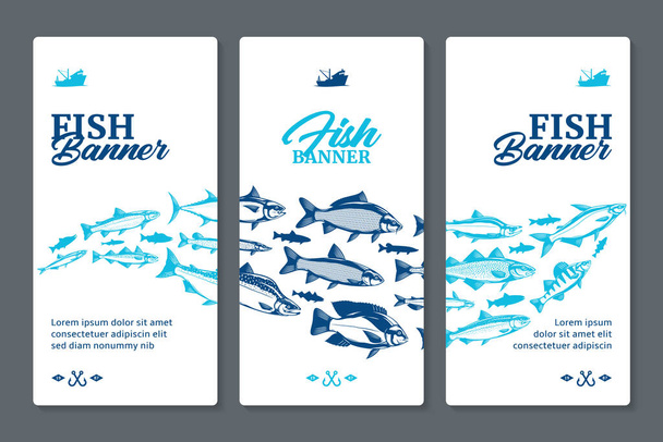Pesce banner verticale o flyer design concept con illustrazioni di pesci e sagome su uno sfondo - Vettoriali, immagini