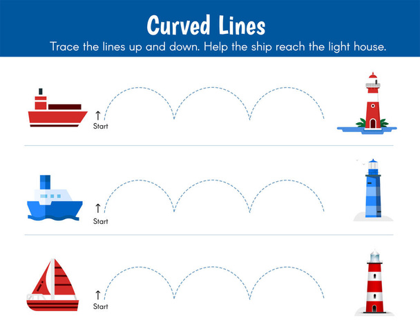 Handwriting practice sheet, trace the wavy lines worksheet to help ship reach the lighthouse tower. Simple lines printable worksheet for preschool kindergarten kids to improve basic writing skills. - Vector, Image