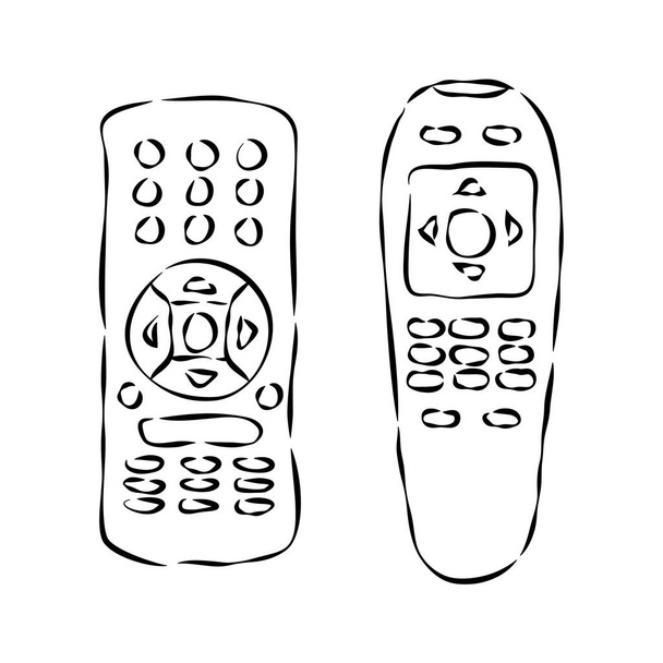 Hand remote control. Multimedia panel with shift buttons. Two types device. Wireless console. Sketch of universal electronic controller. Hand drawn illustration on white background in engraving style - Vector, Image