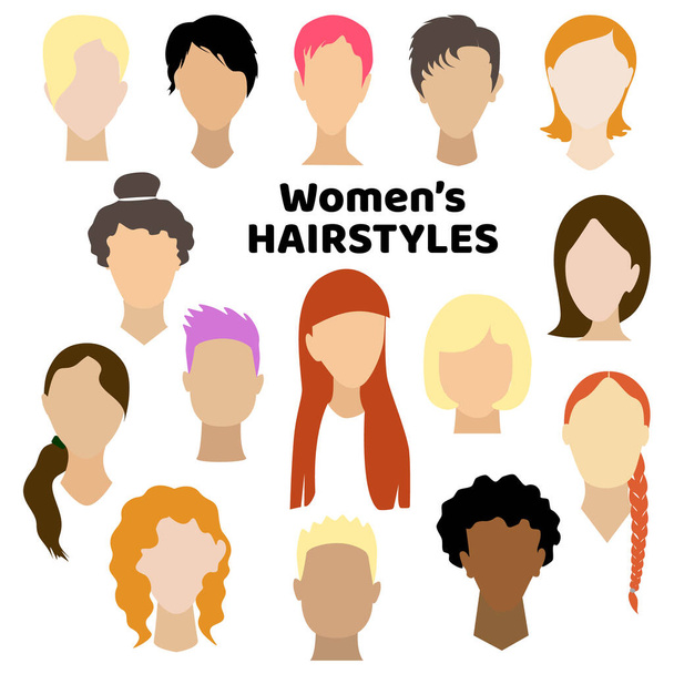 Frauen Avatare mit langen, kurzen und lockigen Haaren in verschiedenen Farbtönen und Typen. Flache Vektor-Set modische Mädchen Porträt mit modernen Frisuren und verschiedenen trendigen Frisuren - Vektor, Bild