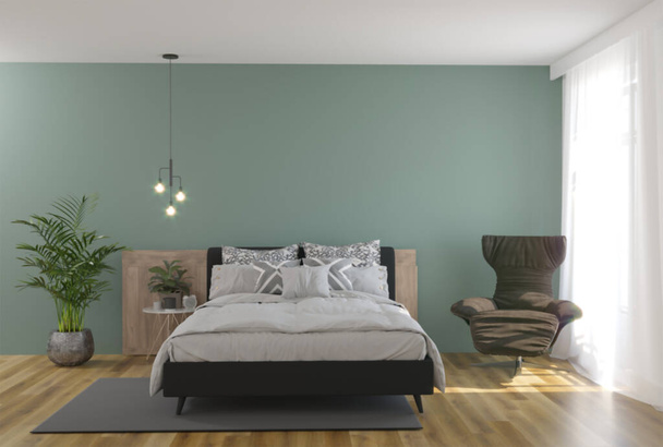 緑の壁と新しいロフトベッドルームのインテリアデザインの3Dレンダリング - 写真・画像