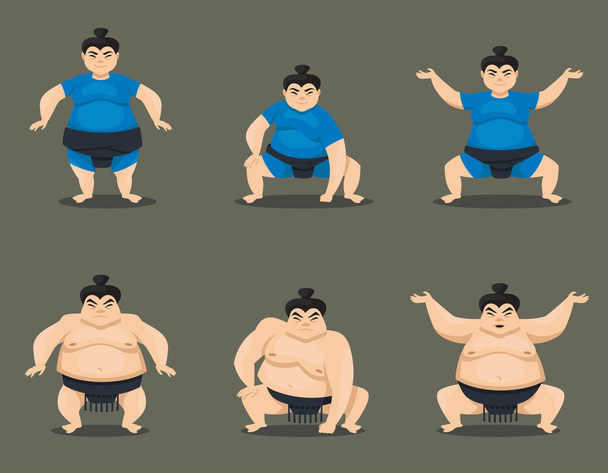 Conjunto de luchadores de sumo en diferentes poses. - Vector, imagen